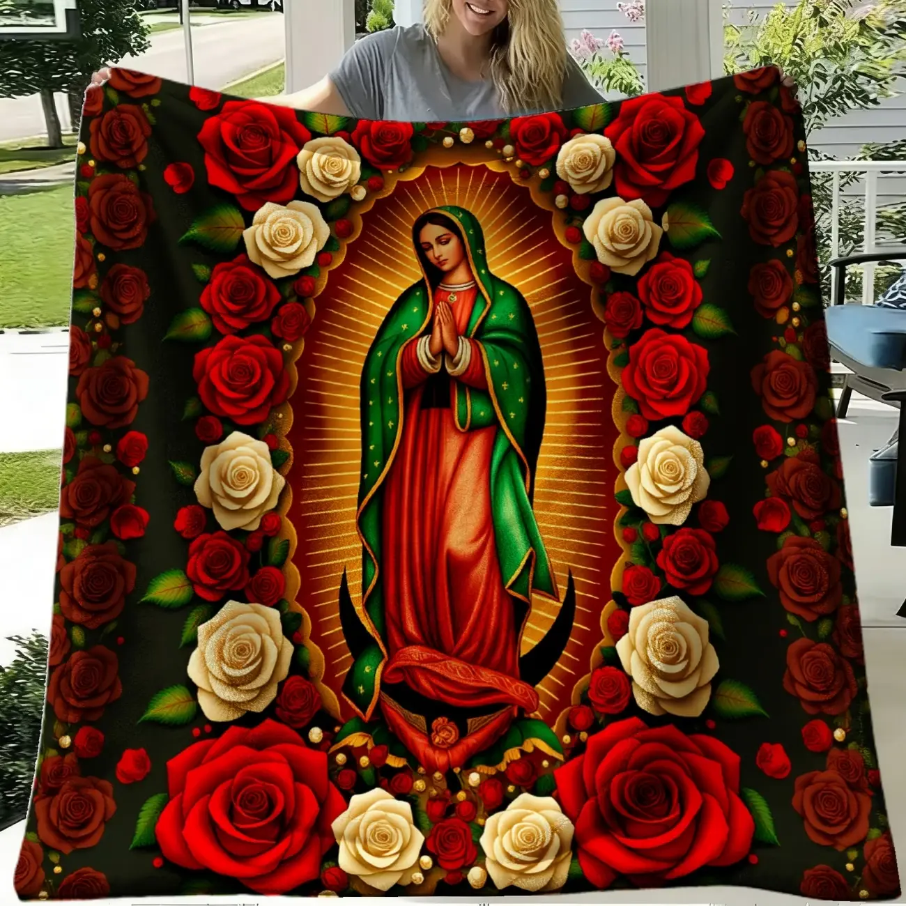 1pc Our Lady of Guadalupe - Embroidered Fleece Blanket Pattern Gift for Friends Blanket Soft Flannel Sofa Blanket TV Blanket, Soft Warm Throw Blanket Nap Blanket for Couch Office Bed Camping Travel, Multi-Purpose Gift Blanket for All Seasons