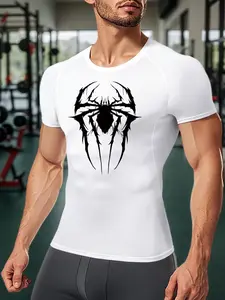 Men's Spider Print Round Neck Sports Tee, Quick Drying Breathable Crew Neck T-Shirt, Men's Sportswear Clothing for Gym Workout Running, Gym T Shirts