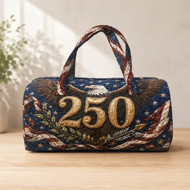 Unisex 21in Quilted Boho Duffle Bag, American Eagle US 250 Weekender Travel Bag,  4th of July Patriotic Independence Day Gift Gym Overnight Carry-on Luggage Bag Large Travel Overnight Bag