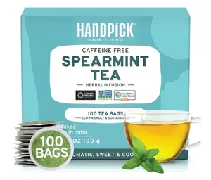 HANDPICK, Spearmint Tea Bags (100 Herbal Tea Bags) Premium Spearmint Leaves, Caffeine Free | Non-GMO, Gluten Free | Round Eco-Conscious Tea Bags | Light & Fresh