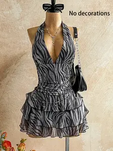 Zebra Print Halter Sleeveless Dress Deep V Ruched Layered Mesh Short Skirt, Sexy One-Piece Party Dress, Summer Fashion Women's Clothing