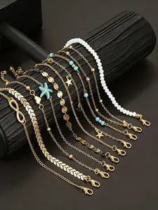 [Bohemian Anklet] 10-Piece Bohemian Style Starfish Bead Metal Anklet Set for Women | Perfect for Summer Vacation and Outings