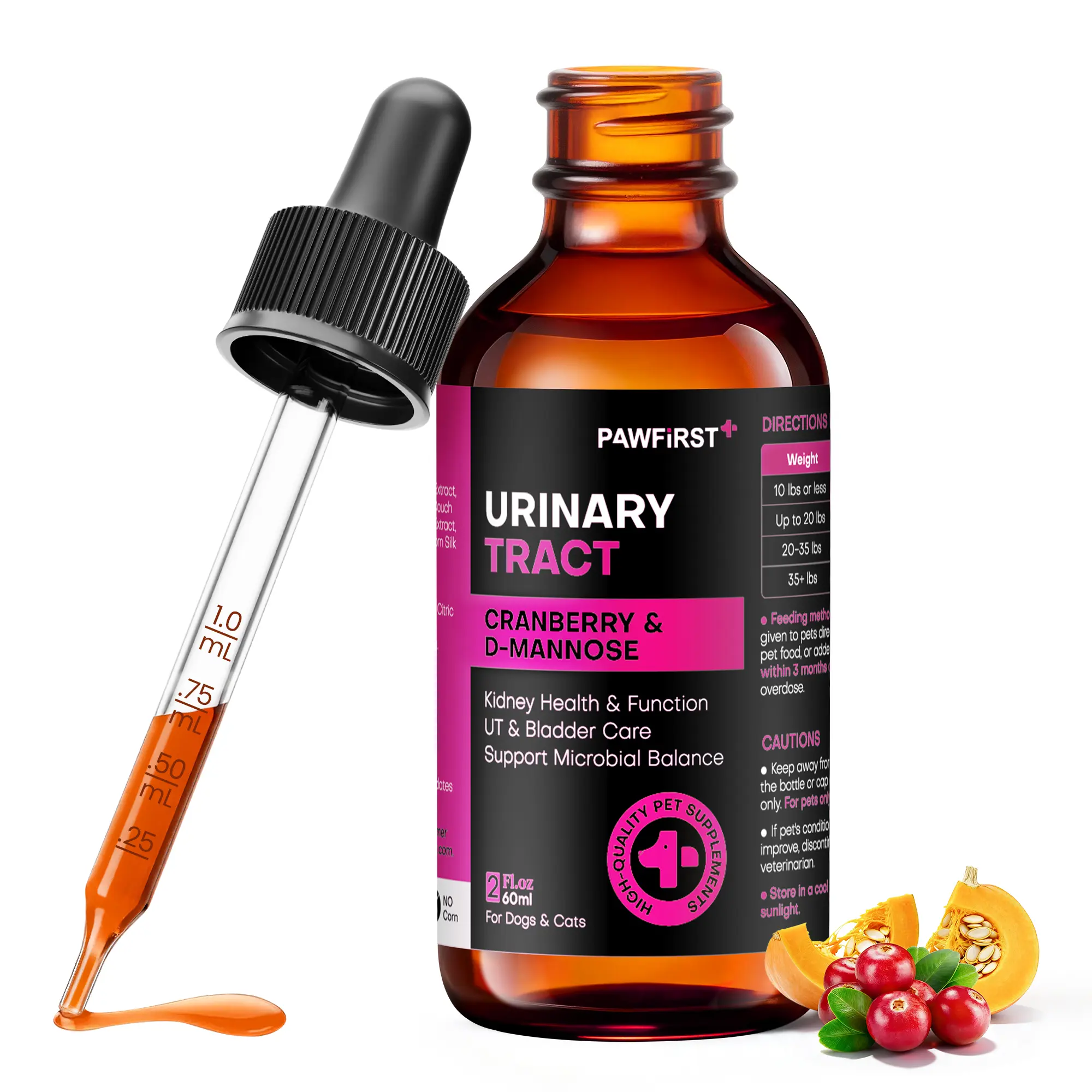 PawFirst Cranberry D-Mannose Urinary Wellness Liquid Drops for Dogs Cats, Bladder & Kidney Functional Support, Aids Smooth Urination & Minimize Accidents
