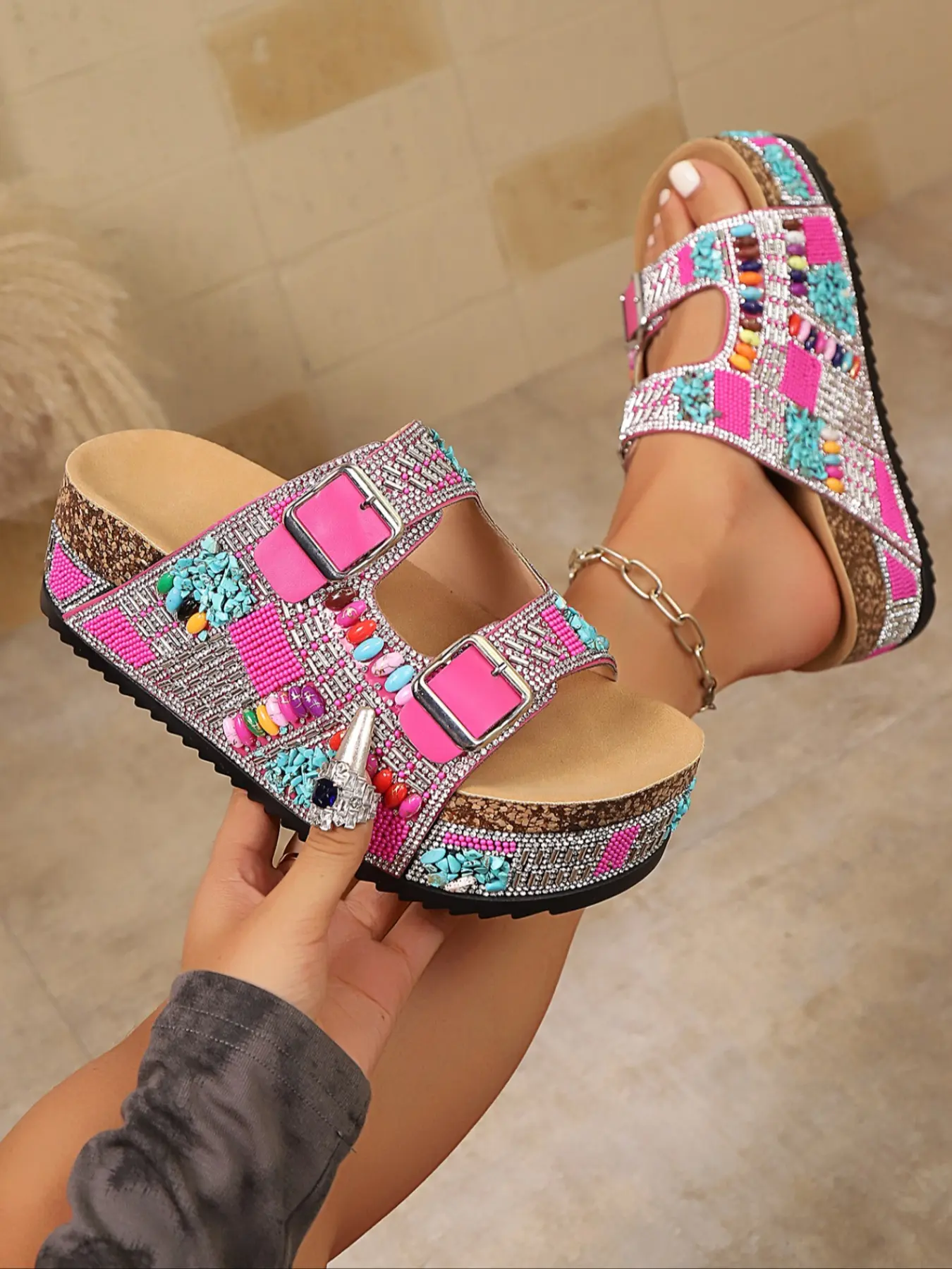 Boho Style Colorful Beaded Thick Sole Sandals for Women, Summer Dual Strap Soft Bottom Shoes, Beach Shoes, Bohemian Sandals
