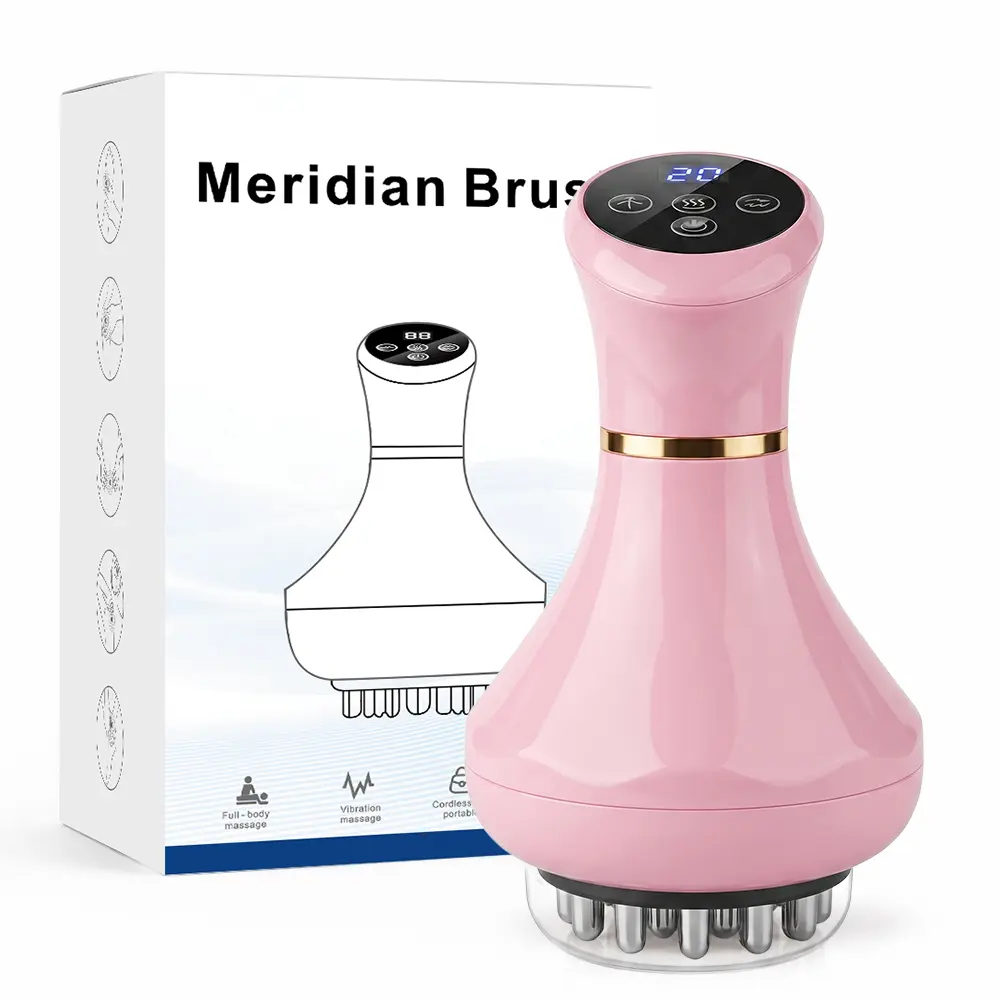 Rechargeable Meridian Massage Brush, 4-in-1 Handheld Body Massager with Red Light, Heat, Vibration and Microcurrent Contact Points, 9 Adjustable Levels, Portable Body Care Tool for Home Self-Care