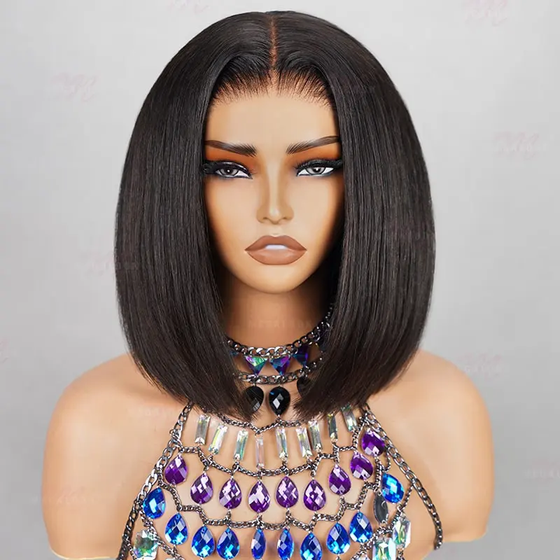 Megalook 6x5 Pre Cut Bone Straight Short Bob Lace Closure Human Hair Wig Put On Go Glueless Wig Bleached Tiny Knots Short Cut Pre Plucked Straight Bob Wigs