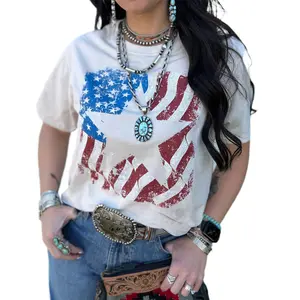 Mntaor Women's 4th of july T-Shirt Casual American Flag Star Graphic Crew Neck T Shirt Daily Tees Tops
