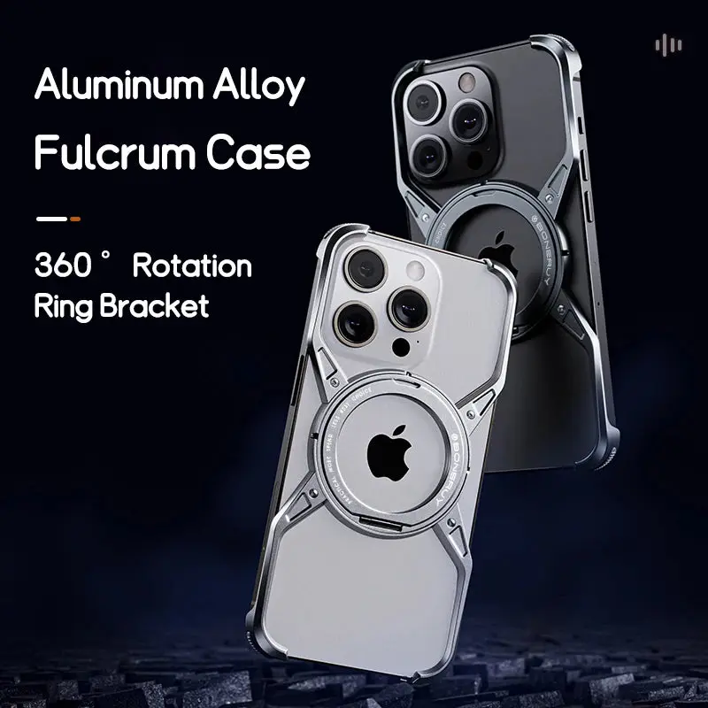 Metal Aluminium Alloy Magnetic Frameless Phone Case For iPhone 14 13 15 Pro Max 360° Stand Rimless Bumper Shockproof Metal Cover