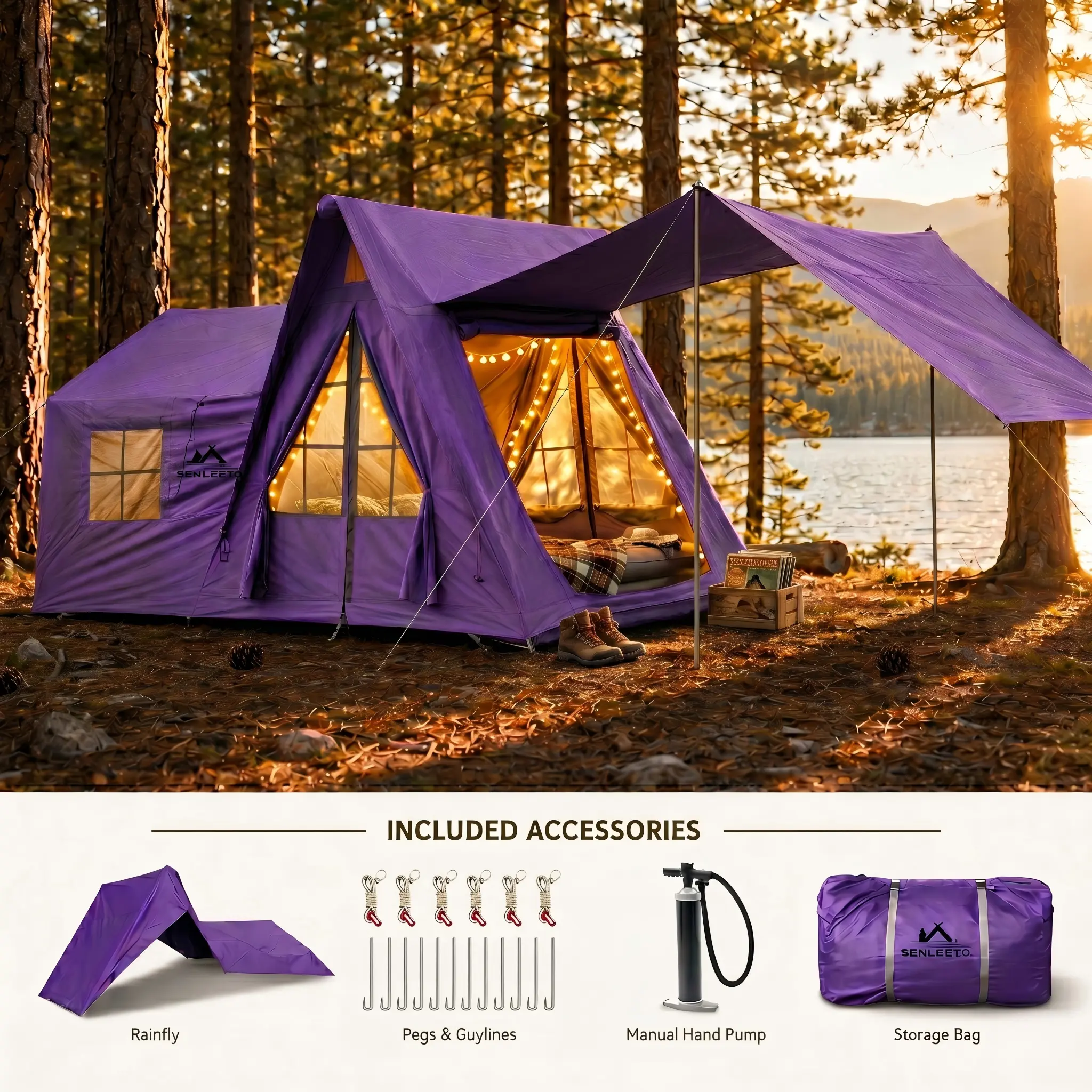 SENLEETO 8-Person Inflatable Instant Cabin Tent - Easy Setup, Instant Canopy, Windproof Portable, Double-Layer Door, High-Pressure Pump, Waterproof Oxford Fabric, UV-Resistant, Spacious 4-Season Family Camping Tent, Easy Setup Tents, Instant Canopy Tent