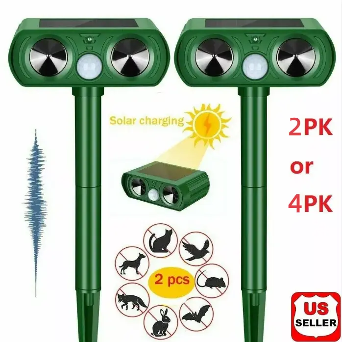 Solar-Powered Ultrasonic Electronic Pest Repellent with Motion Sensor, Flashing LED Strobe Lights, ABS Construction, Waterproof for Outdoor Farm, Garden Use as Deer and Rabbit Repellent Against Raccoon, Cat, Dog, Coyote, Bird, Skunk, Snake, Squirrel