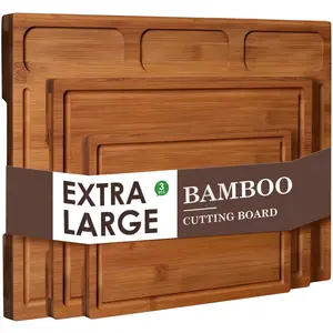 Bamboo Cutting Board, 3-Piece Extra Large Bamboo Chopping Boards for Kitchen, Heavy Duty Wooden Serving Tray with Juice Groove, Brown