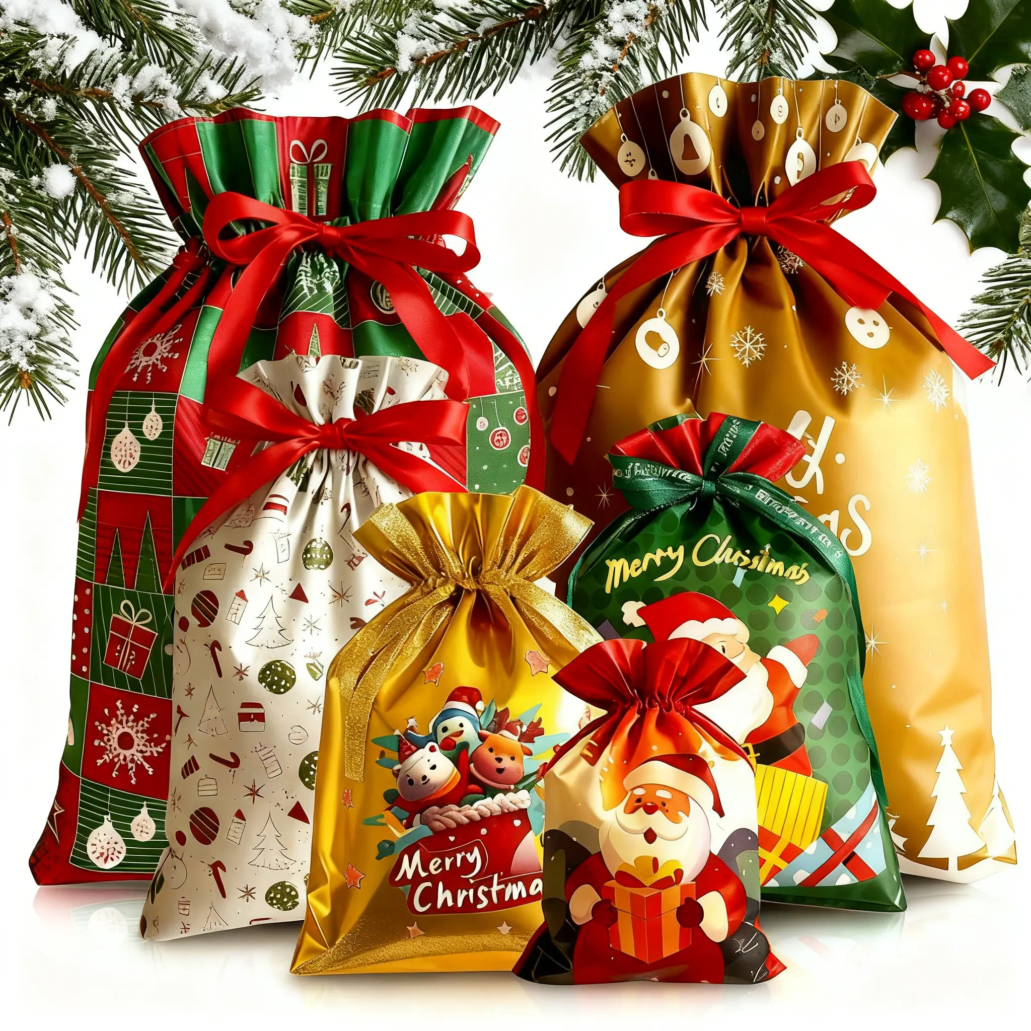 54PCS Christmas Drawstring Gift Bags - Assorted Sizes (Small/Medium/Large/Extra Large), Foil Wrapping Sacks with 6 Designs (Santa/Elk/Snowman), Ribbon Included, Unisex Holiday Goody Pouches for Boys Girls, Xmas Presents & Party Treats Bulk