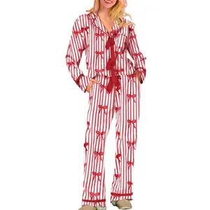 MommyMatchingPajamasBow/HeartPrintTieFrontLongSleeveTopsandLongPantsSetFamilyMatchingSleepwear