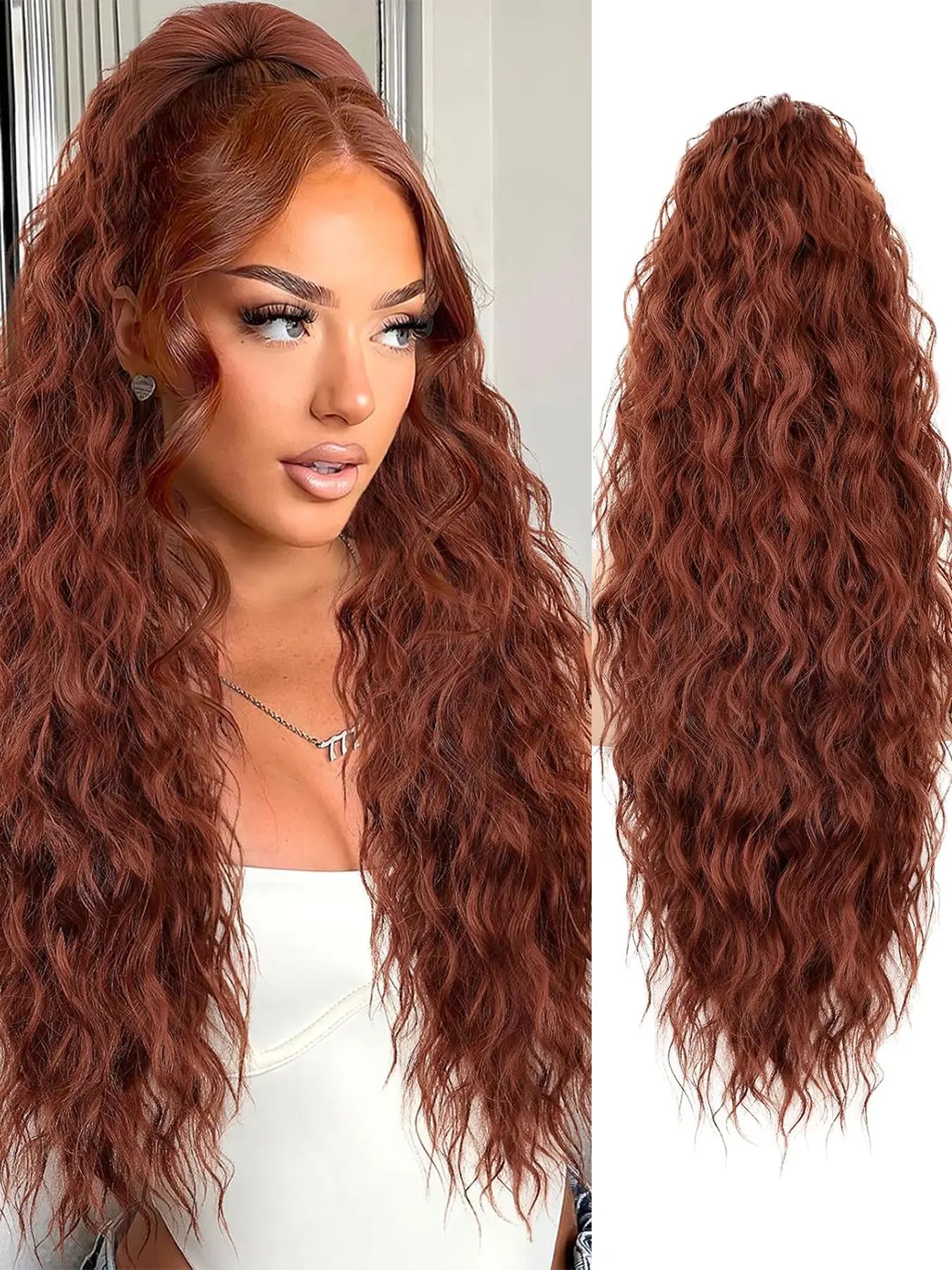 30 inch Drawstring ponytail Extension,Auburn Long Wavy Curly Ponytails hair extensions for Women - Synthetic Hairpiece Ponytail for Daily Use Synthetic Curly Hair Synthetic Fiber Extensions
