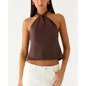 Women's Summer Halter Tank Tops Solid Color Sleeveless Backless Tie-up Cropped Vest for Party