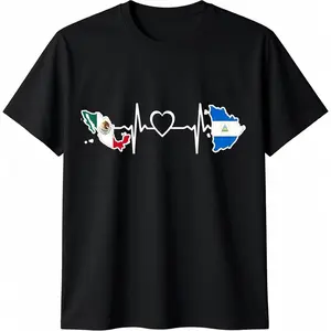 Men's Short-Sleeve Cotton Graphic T-Shirt - Casual Round Neck Streetwear Clothes with Mexico-Nicaragua Flag Heartbeat Design