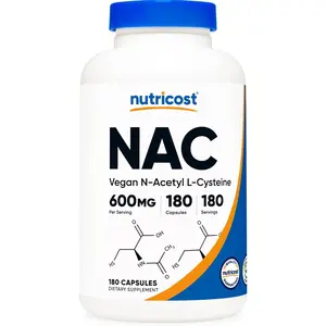 Nutricost N-Acetyl L-Cysteine (NAC) 600mg, 180 Capsules - Non-GMO, Gluten Free Healthcare Vitamin Edible Dietary Supplement Fitness Essential Aminos Brain Booster