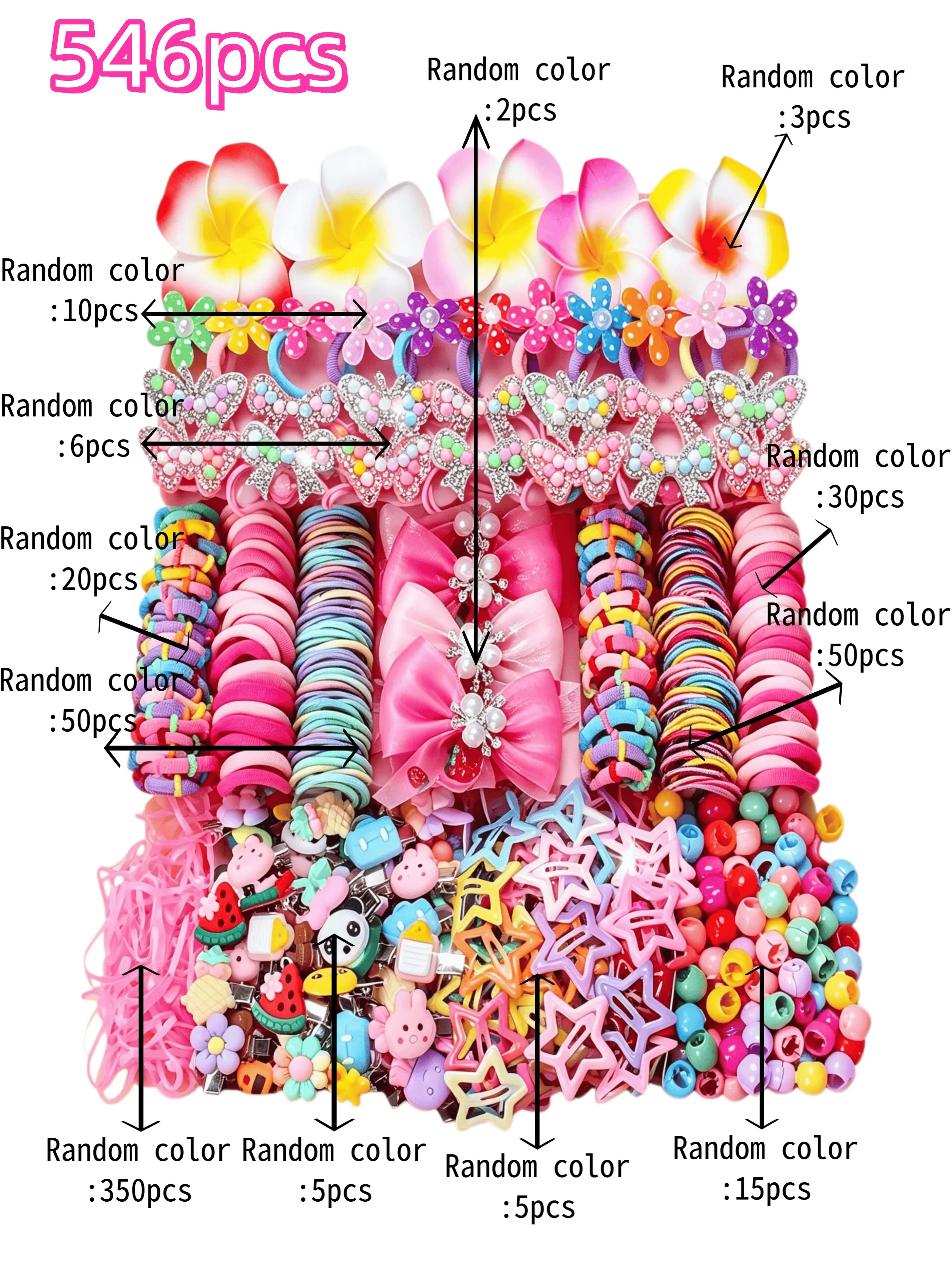 546 Pcs Girls' Hair Accessories Set, Colorful Cartoon Hair Clips, Flower Barrettes & Elastic Hair Ties for Daily Wear, School & Birthday Gifts