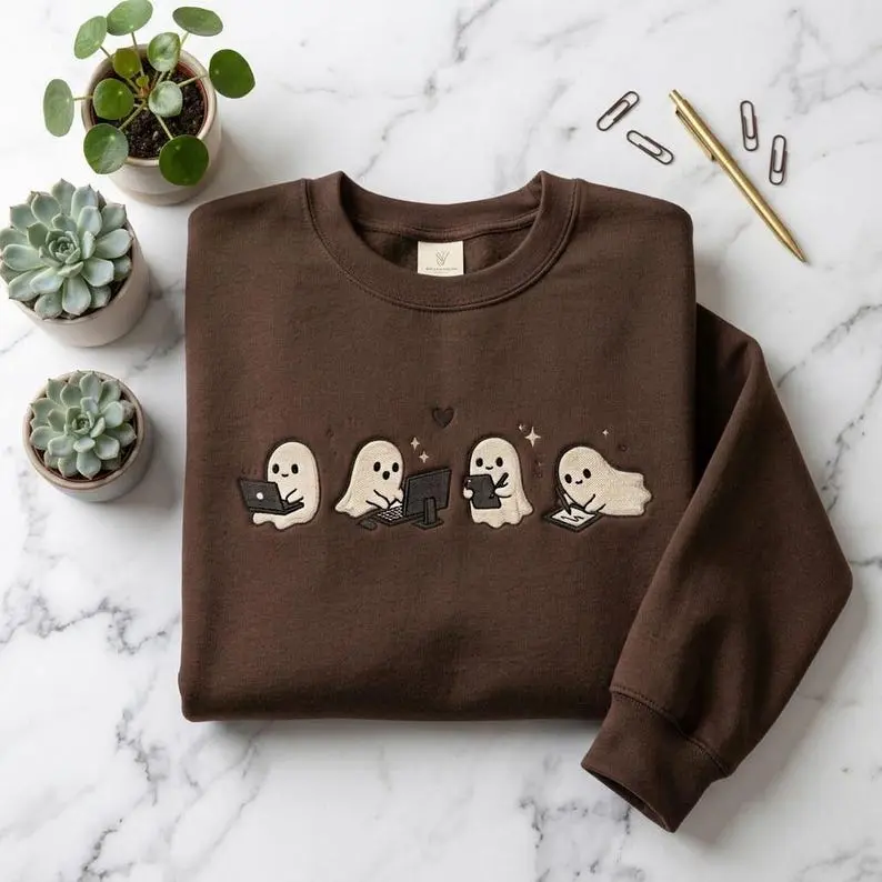Funny Ghost Embroidered Crewneck, Halloween Sweatshirt with Cute Working Ghost Characters, Laptop Office Theme, Cozy Autumn Clothing