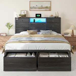 Raybee LED Bed Frame with Charging Station, Platform Bed Frame with Storage Bookcase Headboard & Under Bed Drawers, Moden Industrial Wood Bed Frame for Full/Queen/King Holds 800LBS with Metal Frame & Slats for Apartment, Guestroom, Dorms, Black, Brown