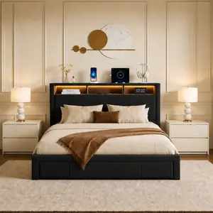 Queen/Full size upholstered bed with drawers, equipped with an upholstered storage headboard, heavy metal crossbar support, LED and USB charging, silent design
