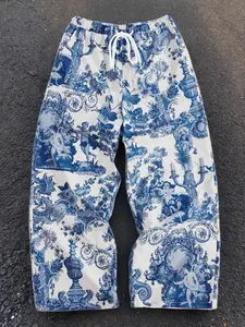 Vintage Floral Lined Ceramic Plant Ethnic Leaf Printed Loose Pants, Blue and Style, Casual for Vacation, Outings, and Parties