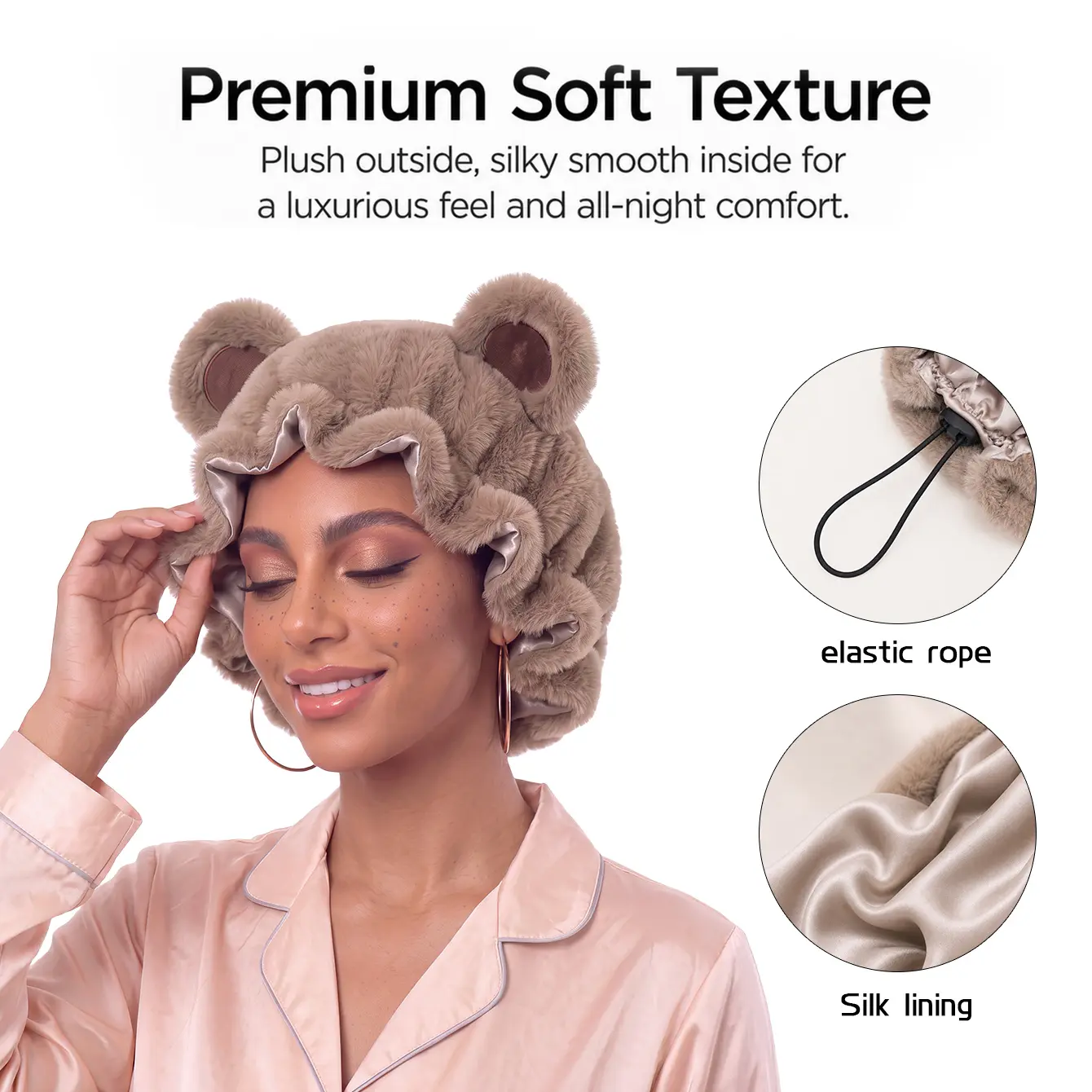 Original Design Bear Ear Plush Sleep Hair Bonnet Ruffle Satin Lining Wide Hair Wrap Soft Fluffy Cap for Overnight Hair Protection Facial Skincare Makeup