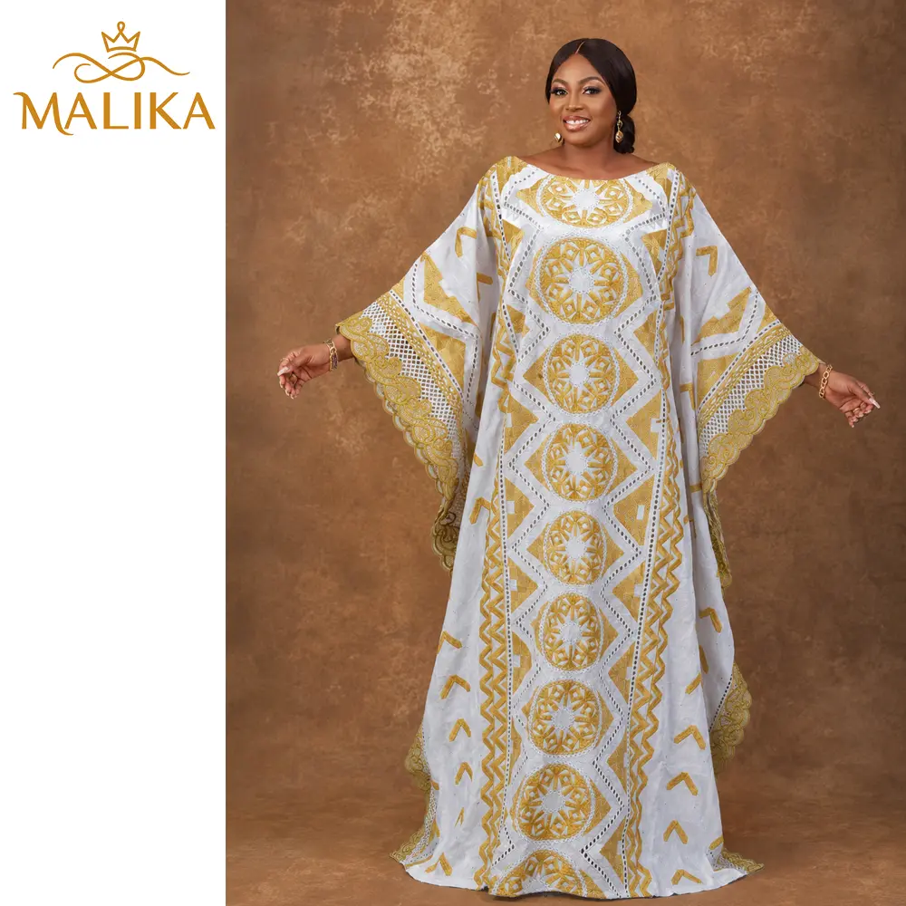 Women's Gold & White Embroidered Stone-Adorned Bazin Boubou Dress, Nigerian Traditional Batwing-Sleeve Cowl-Neck Long Robe, Boho Style Formal Wedding Attire, Elegant Dresses For Women, Clothes, Baby Shower, Bachelorette Party, Gold Formal Dresses
