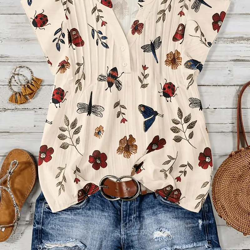 Plus Size's Floral Print Short-Sleeve Collared V-Neck Button Blouse, Loose Fit Y2K Summer Bohemian Top with Nature-Inspired Pattern Detail, Comfortable Stylish Shirt for Daily and Party Wear
