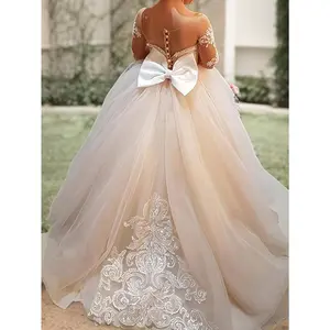 1pc Girls' 9/16 Sleeve Puff Sleeve Princess Dress with Big Bow, Elegant Long Tulle Wedding Dress for Youngsters, 12 & Under, A-Line Silhouette, Polyester, Dry Clean Only, Perfect for Performances & Special Occasions