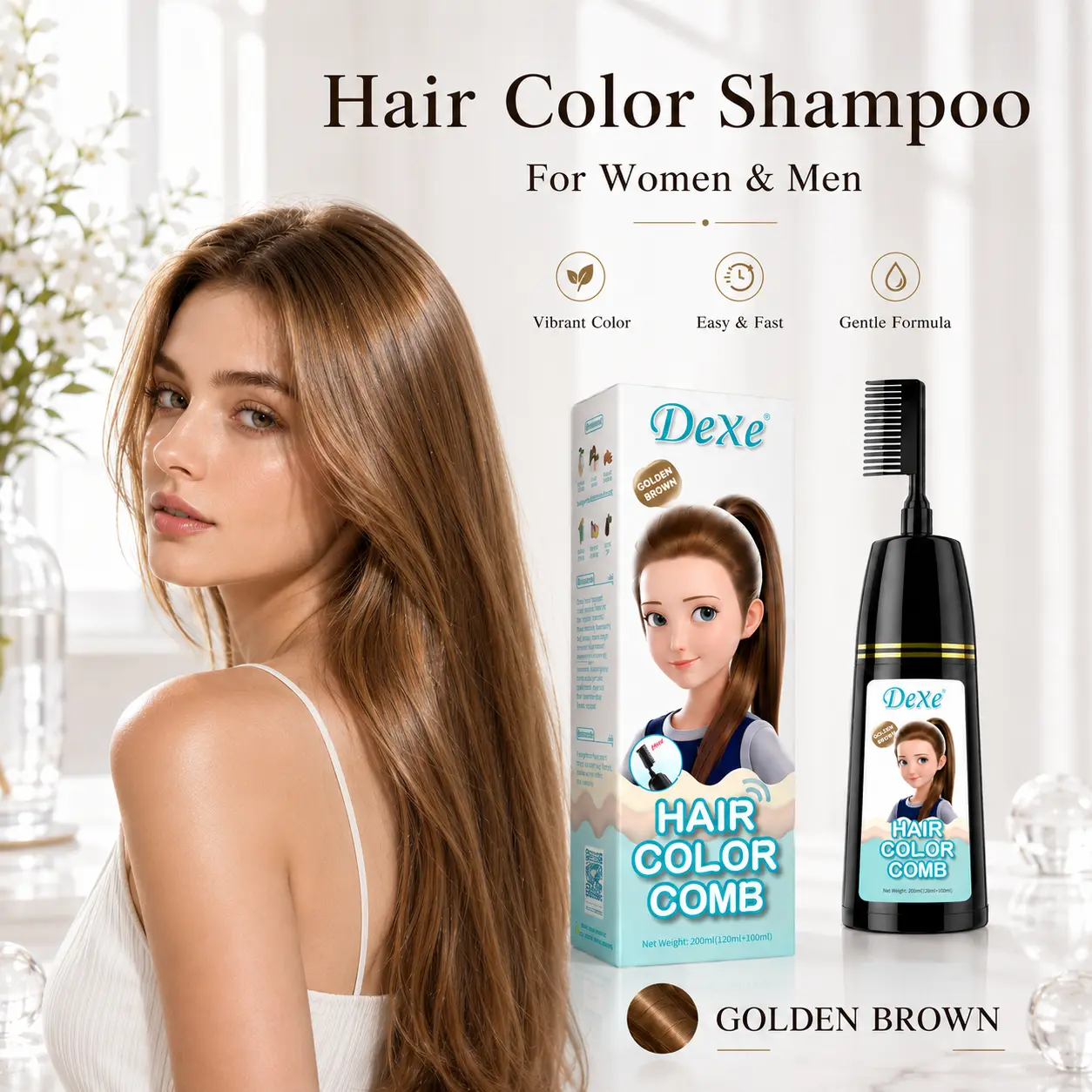 Home Use Integrated Comb Semi-Permanent Hair Dye Cream - Plant Essence, Mild, Non-Damaging, Long-Lasting, Fade-Resistant, Ash Brown & Ash Blonde Highlight Color Fixation