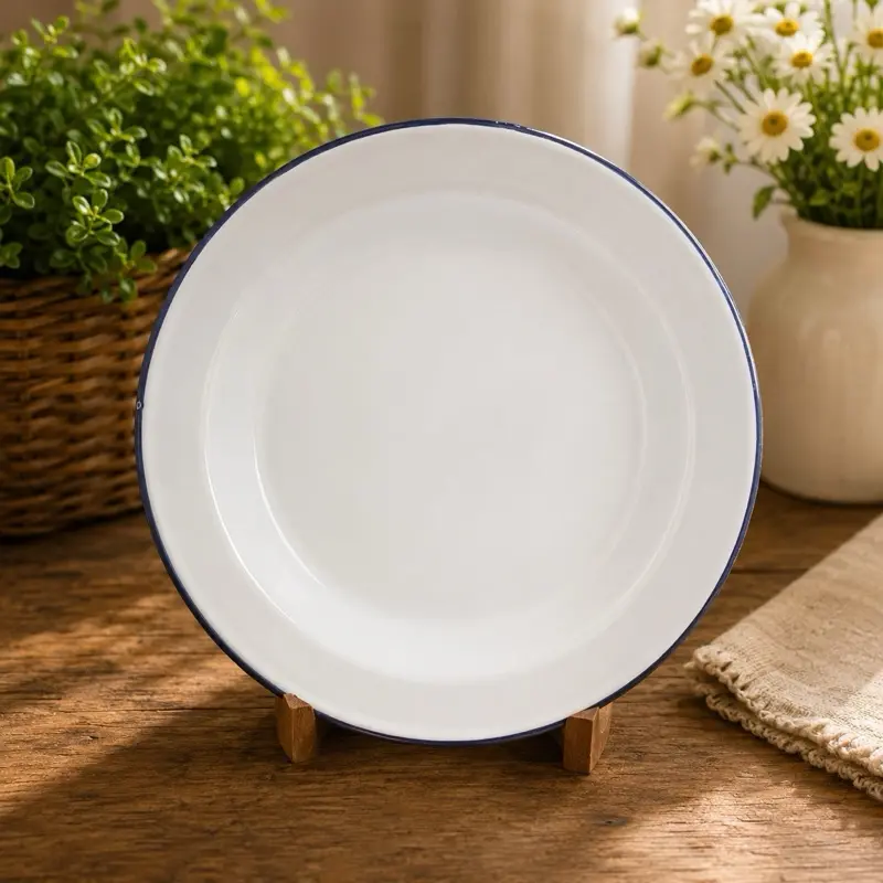 Haitian Asyèt Blan (Small) Emaye Enamel Plate - White Enamel Dinnerware with Blue Rim for Everyday Use