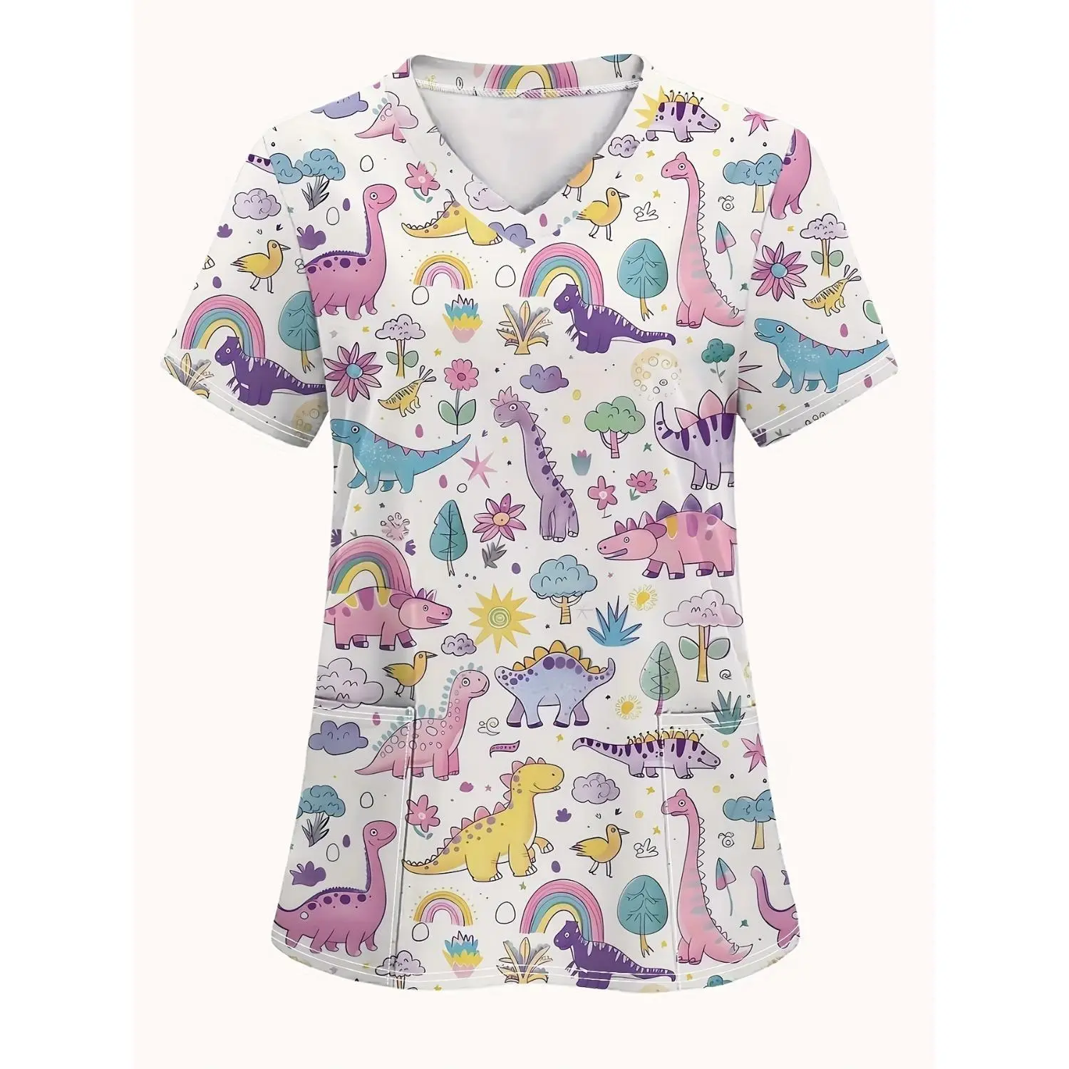 Women's Trendy Short-Sleeve V-Neck Top with Adorable Cartoon Dinosaur, Ideal for Casual Comfort and Pocketed Nurse Uniforms