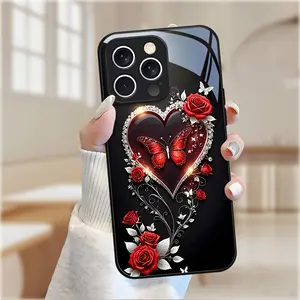 Phone Case: Diamond-encrusted Red Heart Red Rose Romantic Fashion High-End Tempered Glass Phone Case, Suitable for iphone17 17Air 16 Pro 15 Promax 14 Plus 13 12 11