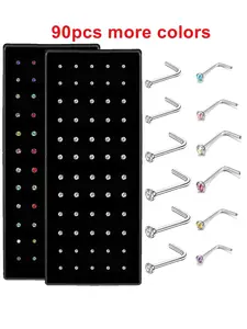 Random Color Rhinestone Decor Nose Studs (90pcs), Stainless Steel Nose Ring, Punk Style Nose Piercing Jewelry for Men & Women, Body Piercing Jewelry, Piercing Party Pack