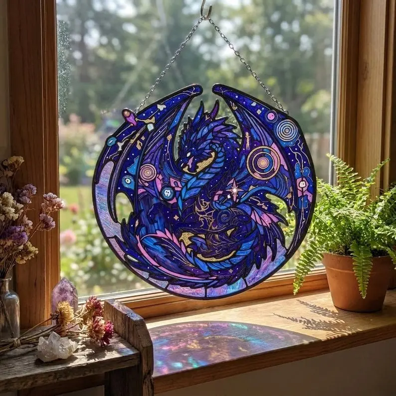 Starry Sky Dragon Stained Glass Window Hanging | Celestial Dragon Suncatcher | Fantasy Glass Window Decor | Cosmic Home Ornament