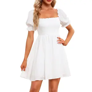 Holipick Women's Casual Square Neck Smocked Dress Shirred Ruffle Puff Sleeve High Waist Cute Flowy A-Line Short Dress  SwimWeek  summervibes