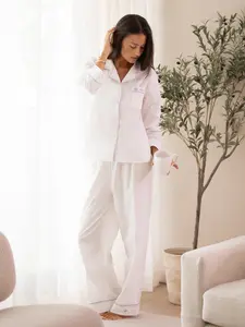 Luna White Cotton Pajamas Long Sleeve - Comfortable Long Sleeve Top with Button & Drawstring for Women, Ideal for Loungewear and Nightwear