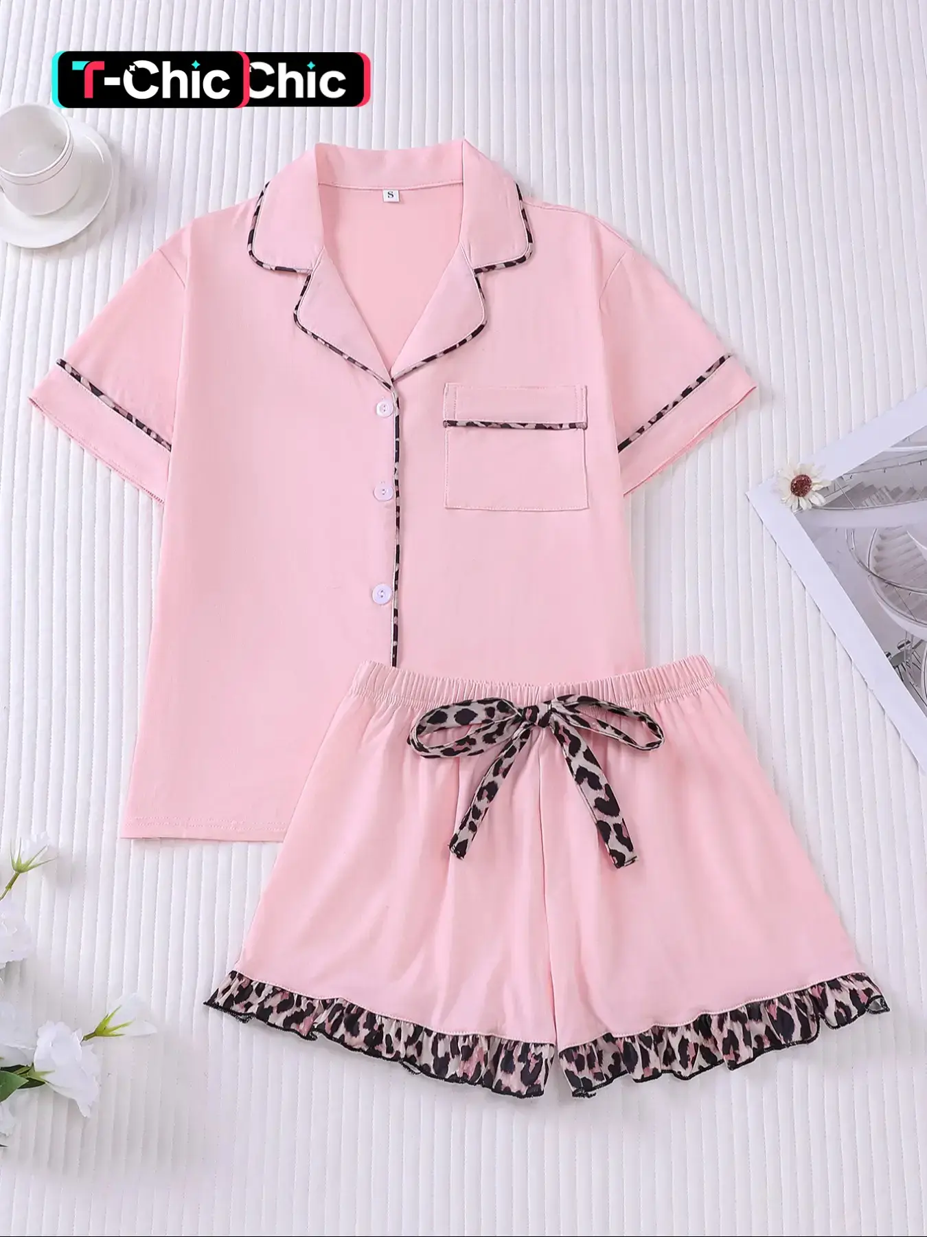Women's Contrast Binding Pajama Two-piece Set, Short Sleeve Button Front Top & Shorts Pj Set, Casual Comfy Loungewear Set for Women, Nightwear, Womenswear, Pyjamas, Matching Nightwear Set