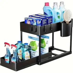 2-tier under-sink storage rack, pull-out multifunctional shelf for bathroom and kitchen countertops with 4 hooks, Bathroom Organizing Accessories