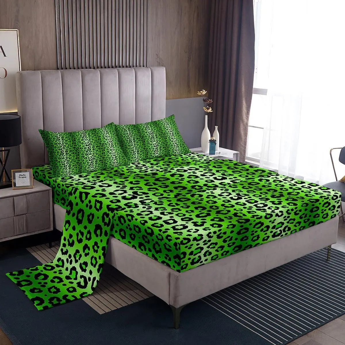 Leopard Sheet Set Green and Black Bed Sheets Set for Teens Cheetah Stripes Print Sheets with Deep Pocket Fitted Sheet Safari Animal Fur Print Bedding Set Adult