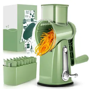 Rotary Cheese Grater with Handle, 5 Designed Blades and Strong Suction Cup Base, Mandoline Slicing Kitchen Utensil Retro Green Food Cooking Vegetable Slicer Dicer