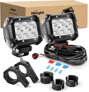 Nilight 2PCS 4 Inch 18W Flood LED Light Bars Off-Road Light Mounting Bracket Horizontal Bar Tube Clamp with Off Road Wiring Harness- 2 Leads