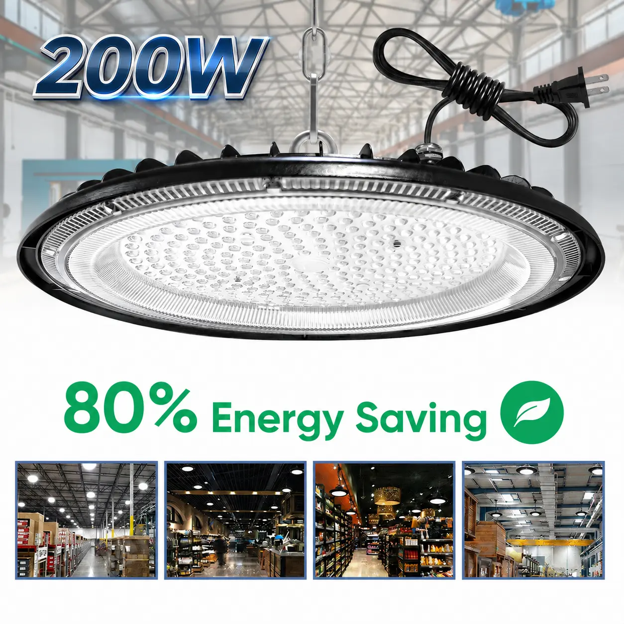 SummerWins UFO Shape High Bay LED Lights - 200W, 30000 Lumens, US Plug, Suspension Chain, Water Resistant, Energy Saving, Ceiling Mount Commercial Lighting for Warehouses, Commercial Users