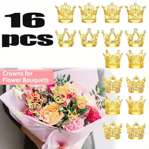 16 Pcs Mini Gold Crowns for Cake Topper, 4-Style Decorative Crowns for Flower Bouquets & Party Decorations, Elegant Accents