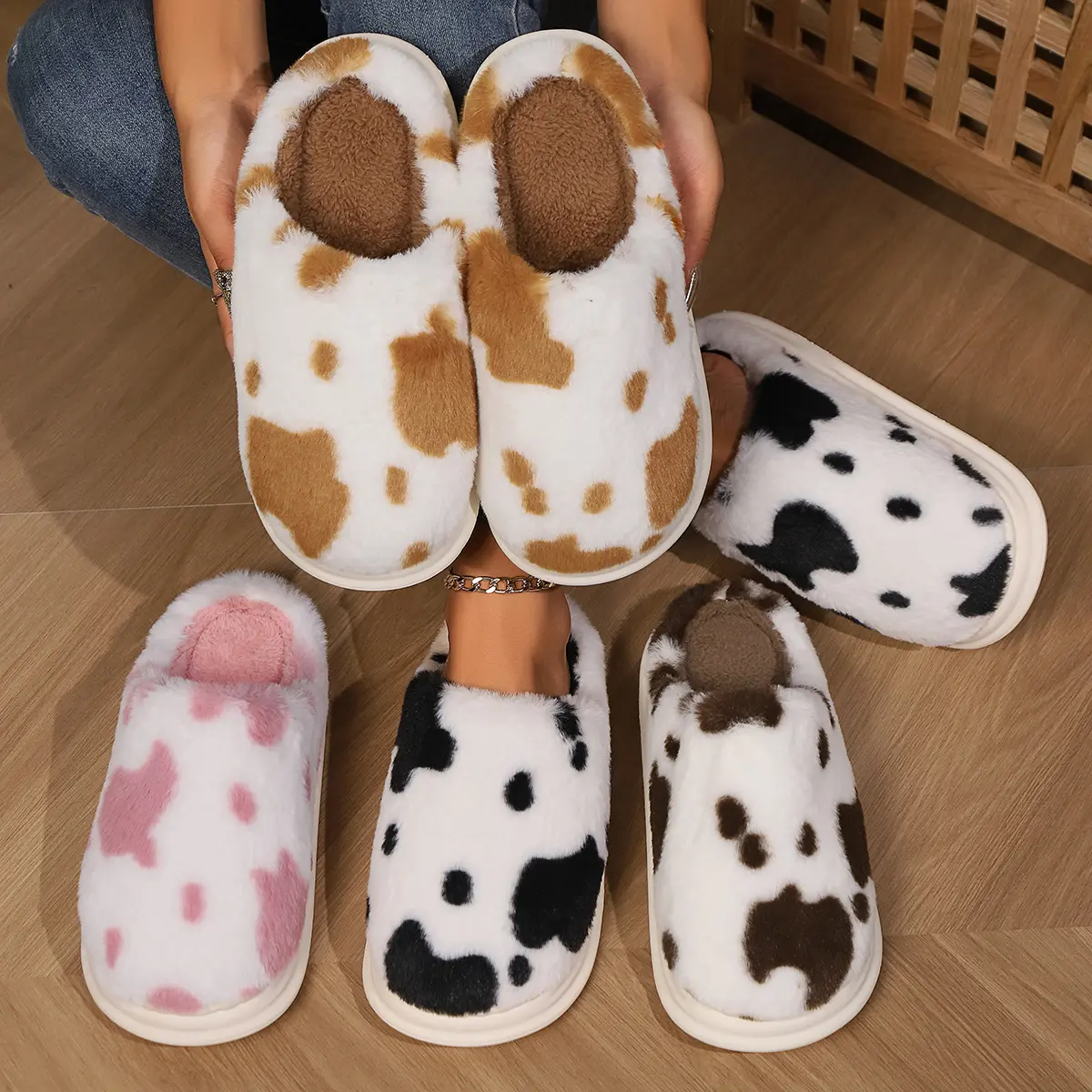 Cute Cow Spotted Plush Slippers Winter Warm Non-slip Bedroom Floor Fuzzy Slipper