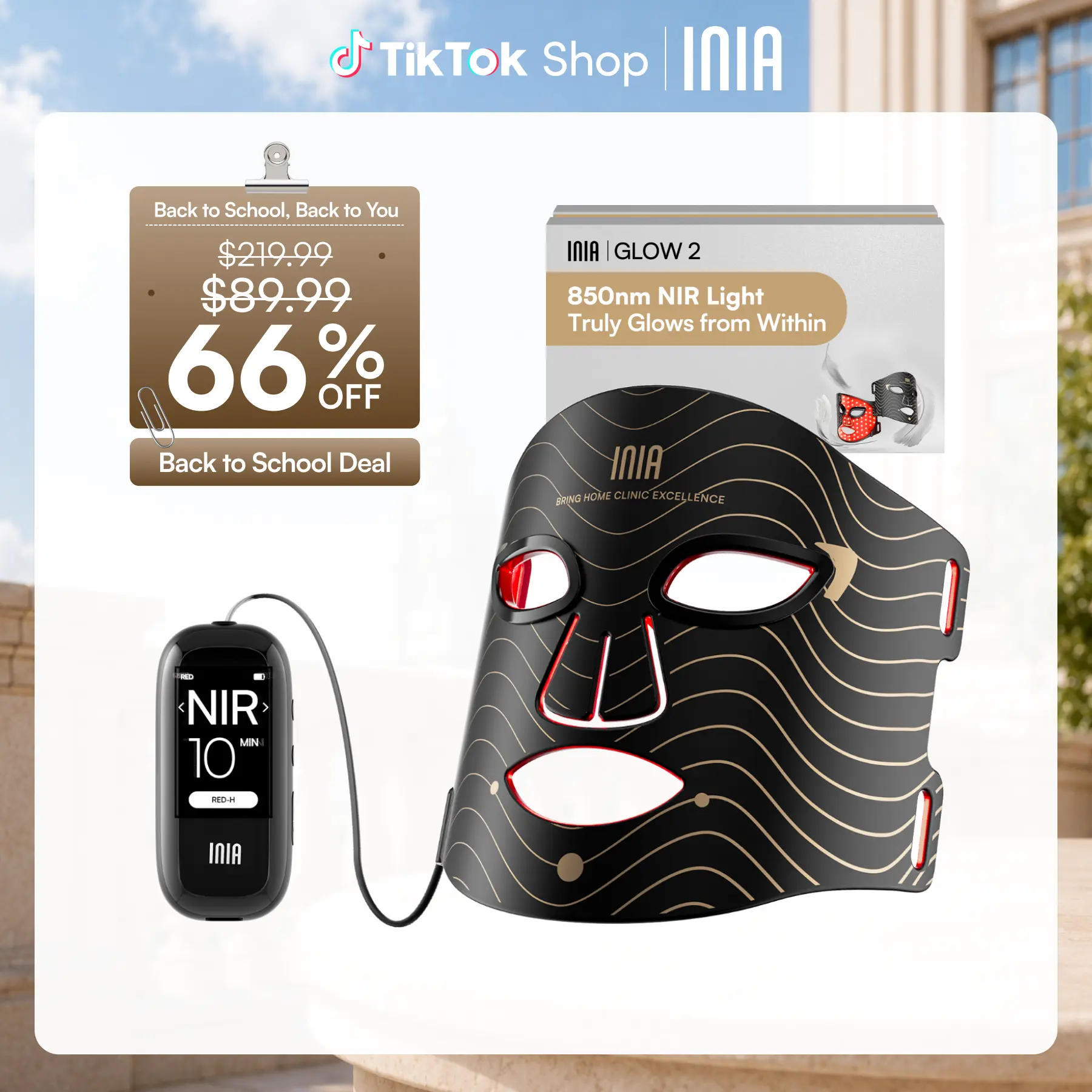 INIA GLOW 2 Red Light Therapy Mask , 4 Light Modes with 850nm NIR, 2600mAh Rechargeable LED Face Mask for Skincare at Home and Travel, Back to school, Back to school haul