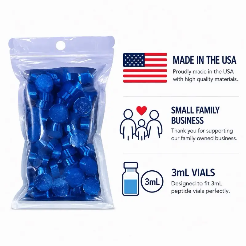 100 3mL Vial Caps in Blue. Flexible Vial Caps- Fridge and Freezer Safe.