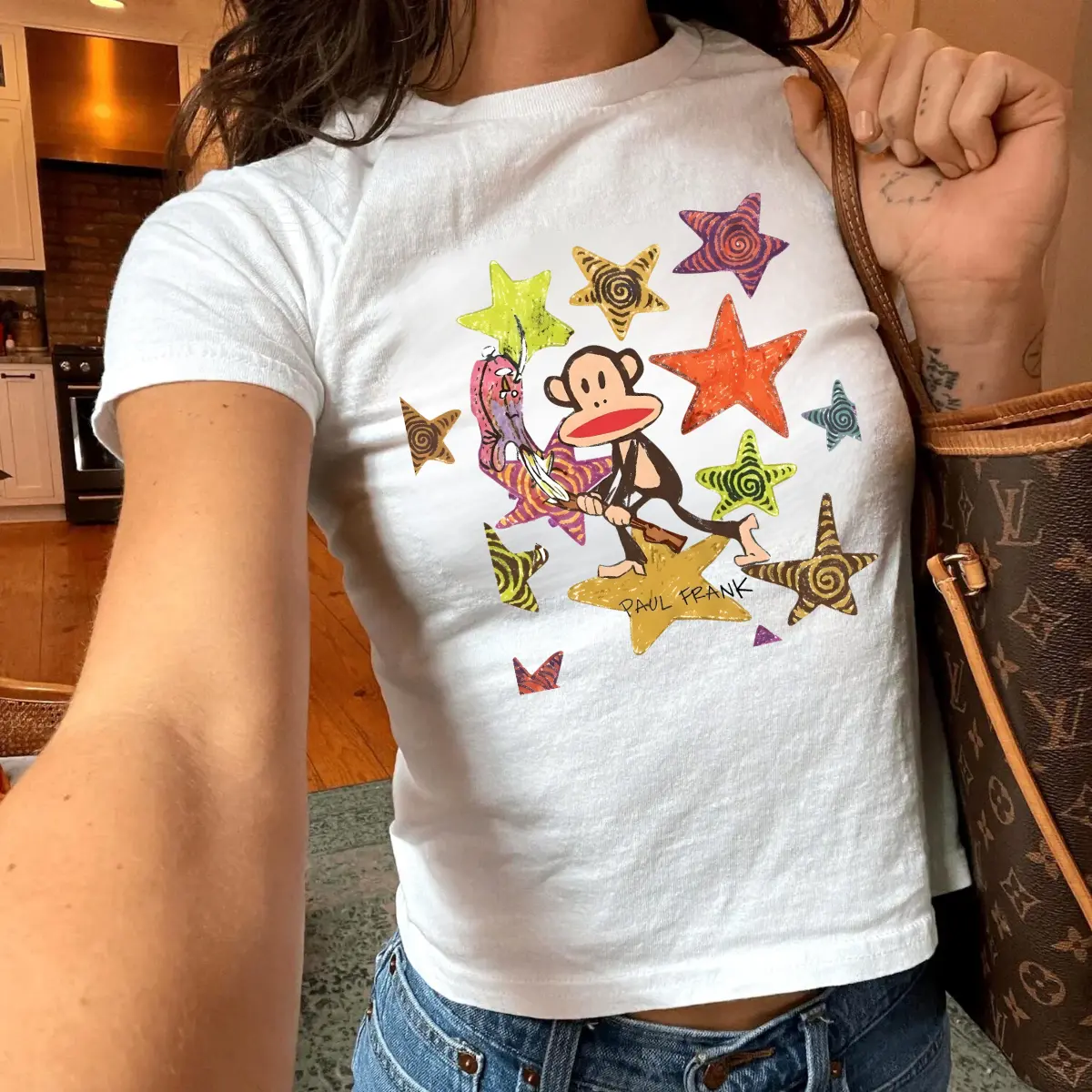 Monkey Star Graphic Baby Tee, Y2K Cartoon Aesthetic Shirt, Colorful Streetwear Graphic Top, Cute Retro Monkey Tee