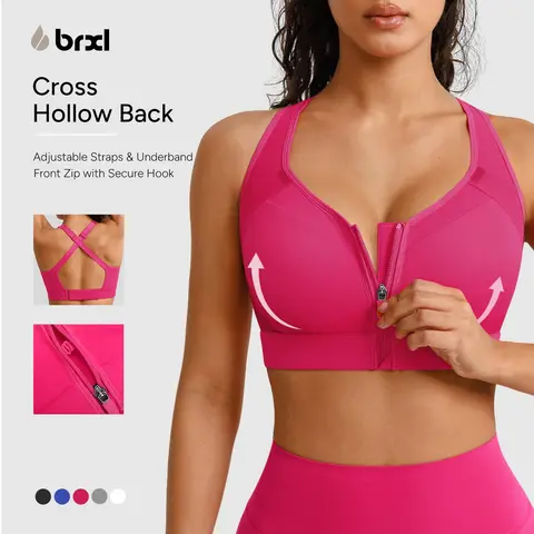 BRXL Women's High Impact Front Zip Sports Bra with Adjustable Straps, Sewn-in Pads, Bra for Women